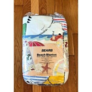 VINTAGE Sears Beach Camp Car Blanket Polar Bear Sunglasses 60x90 In. USA NOS